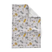 skateboard and pizza fabric // 90s 80s retro kids design by andrea lauren - mustard and grey