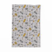 skateboard and pizza fabric // 90s 80s retro kids design by andrea lauren - mustard and grey