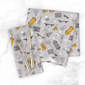 skateboard and pizza fabric // 90s 80s retro kids design by andrea lauren - mustard and grey