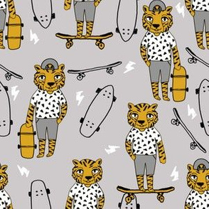 tiger skateboard fabric // skate kids boys fabric childrens illustration fabric andrea lauren - mustard and grey
