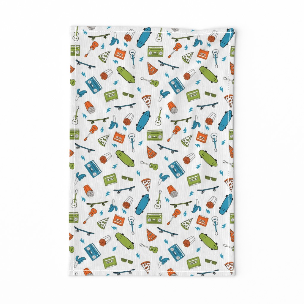 skateboard and pizza fabric // 90s 80s retro kids design by andrea lauren - lime green, orange and turquoise