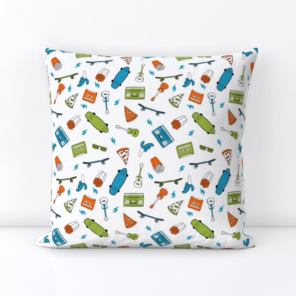 skateboard and pizza fabric // 90s 80s retro kids design by andrea lauren - lime green, orange and turquoise