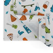 skateboard and pizza fabric // 90s 80s retro kids design by andrea lauren - lime green, orange and turquoise