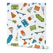 skateboard and pizza fabric // 90s 80s retro kids design by andrea lauren - lime green, orange and turquoise