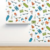 skateboard and pizza fabric // 90s 80s retro kids design by andrea lauren - lime green, orange and turquoise