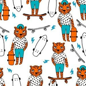tiger skateboard fabric // skate kids boys fabric childrens illustration fabric andrea lauren - orange and turquoise
