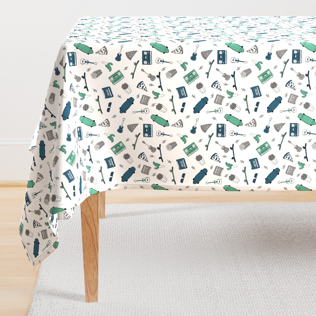 skateboard and pizza fabric // 90s 80s retro kids design by andrea lauren - blue and green