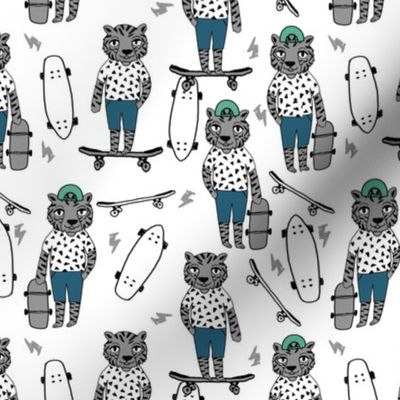 tiger skateboard fabric // skate kids boys fabric childrens illustration fabric andrea lauren - green and blue