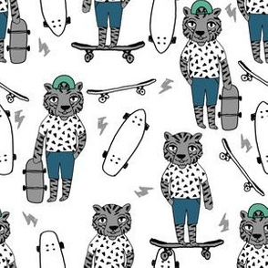 tiger skateboard fabric // skate kids boys fabric childrens illustration fabric andrea lauren - green and blue
