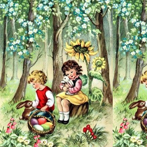  easter good friday forests trees flowers sunflowers children boys girls rabbits bunny bunnies hares eggs baskets grass vintage retro kitsch