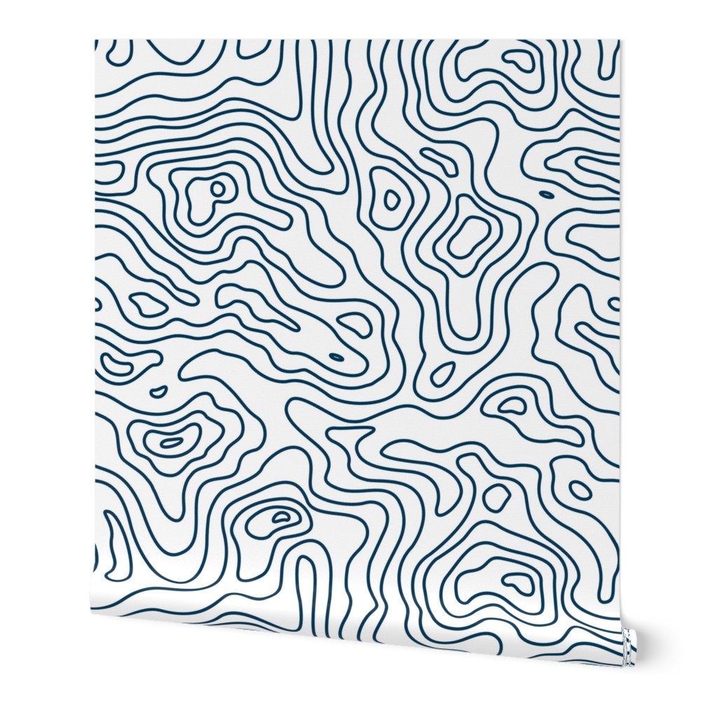 Dark Navy Royal Blue and White Stripes Wave Elevation Topographic Topo Map Pattern 