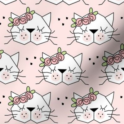 kitty faces with rosebuds on pink
