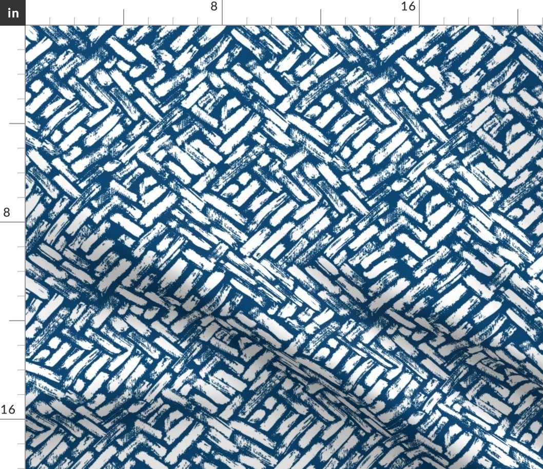 Brushstrokes Painterly Woven Weave Basket Chevron Pattern White and Blue