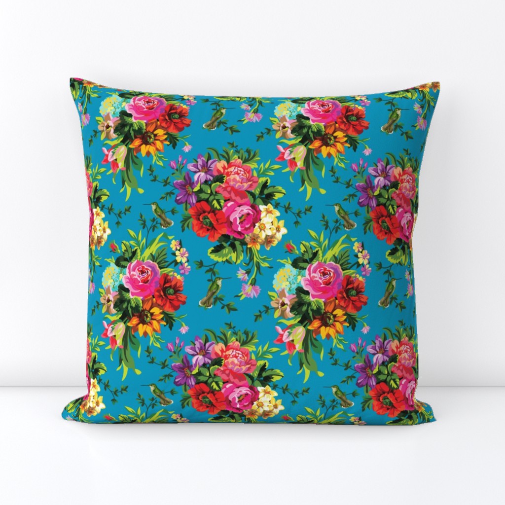 8" Floral Pop with Birds / Aqua Blue