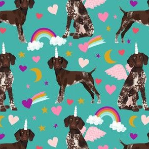 german shorthaired pointer fabric rainbows unicorns and pegasus fabric cute rainbows and hearts - turquoise