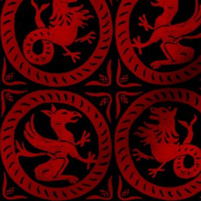 13th Century Dragon Tile ~ Richelieu Red on Black ~ Medium