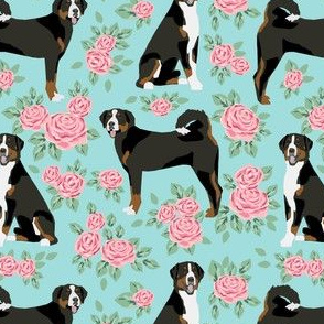 appenzeller sennehund - swiss mountain dog fabric roses floral dog design - blue tint