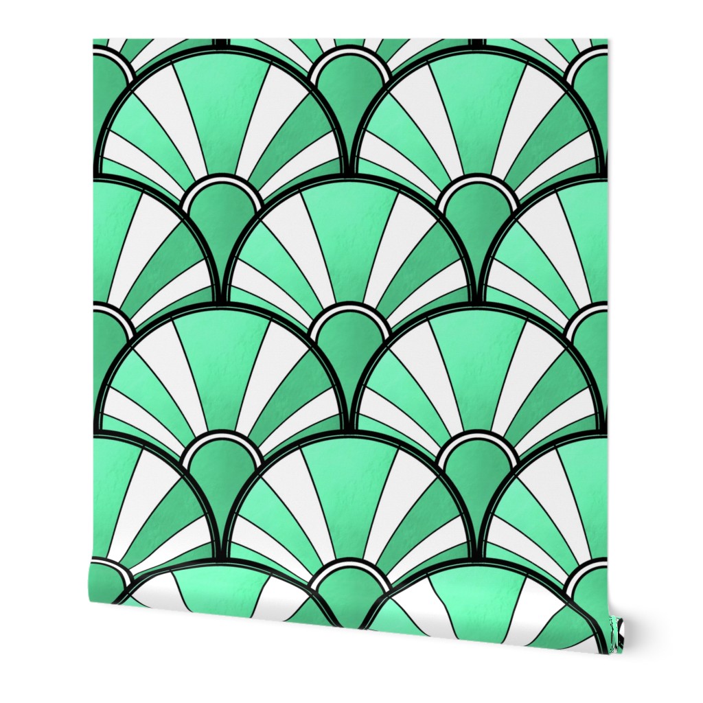 Green Metallic and White Art Deco Fan