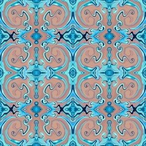 Digital Dabbling Baroque Motif in Aqua on Taupe with hints of lavender
