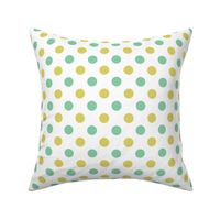 Olive green and seafoam green blue polka dots on white background.