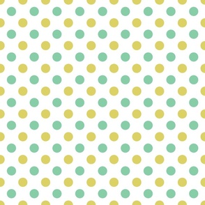 Olive green and seafoam green blue polka dots on white background.