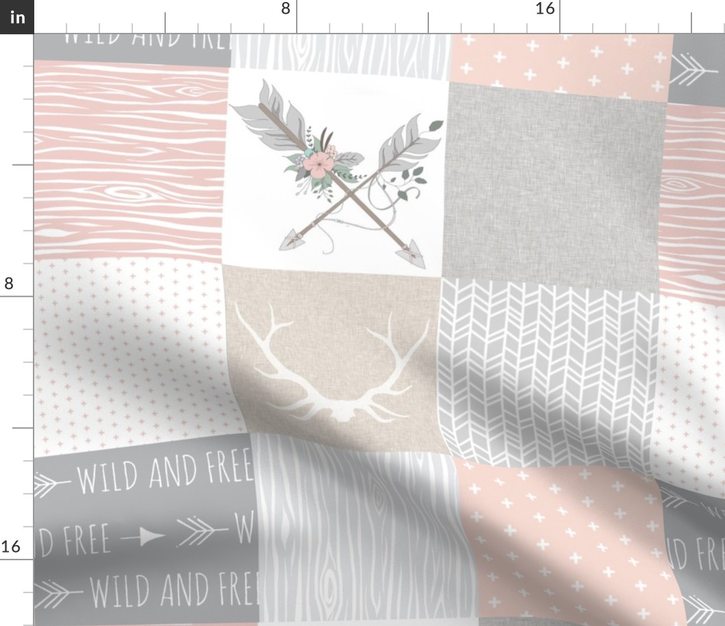 Boho Baby Girl Quilt - pink grey and cream linen