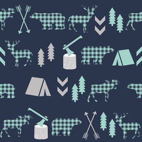 plaid animals outdoors navy mint and grey boys fabric hunting sports