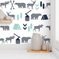 plaid animals navy mint and grey boys fabric