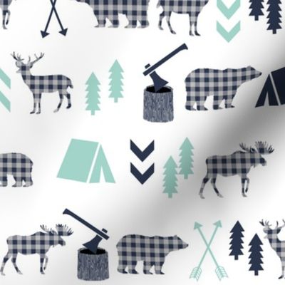 plaid animals navy mint and grey boys fabric