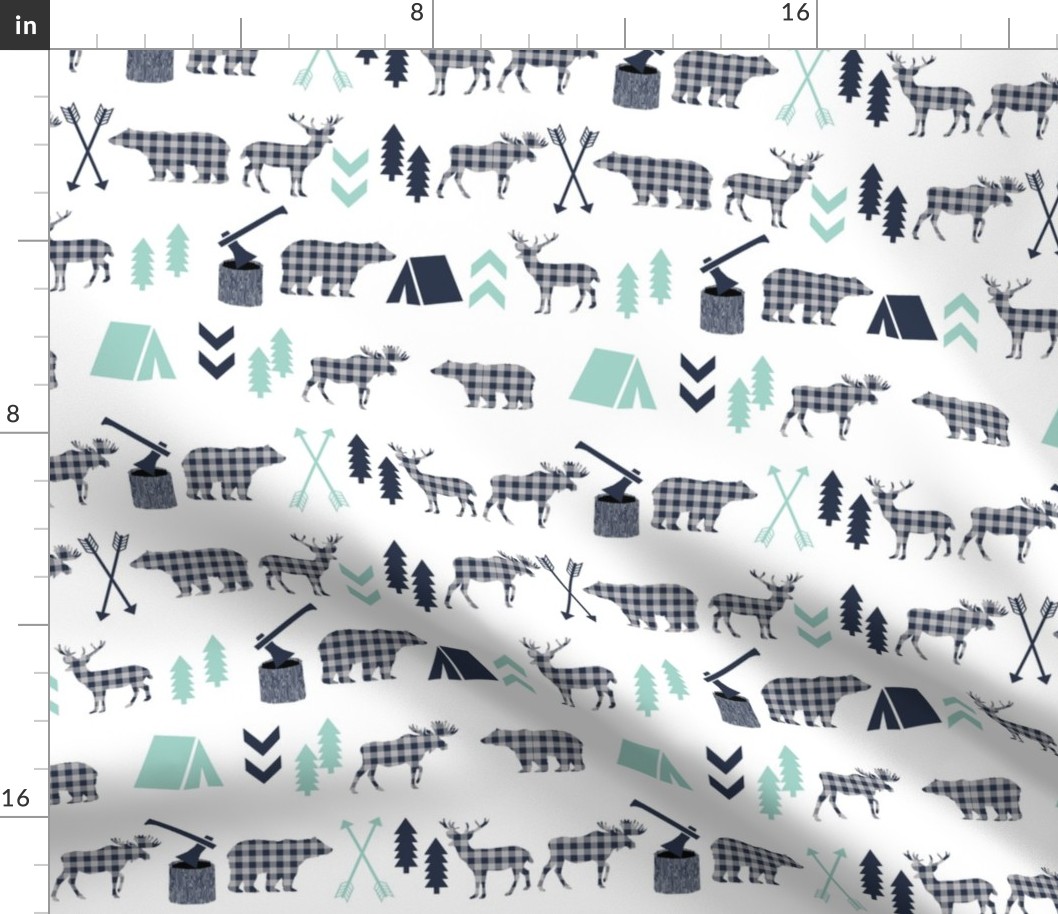 plaid animals navy mint and grey boys fabric