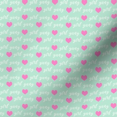 girl gang fabric hearts and text cute girls fabric mint tiny version