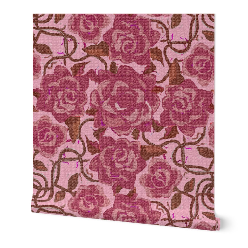 Twining Dark Pink Roses on Pink Textured