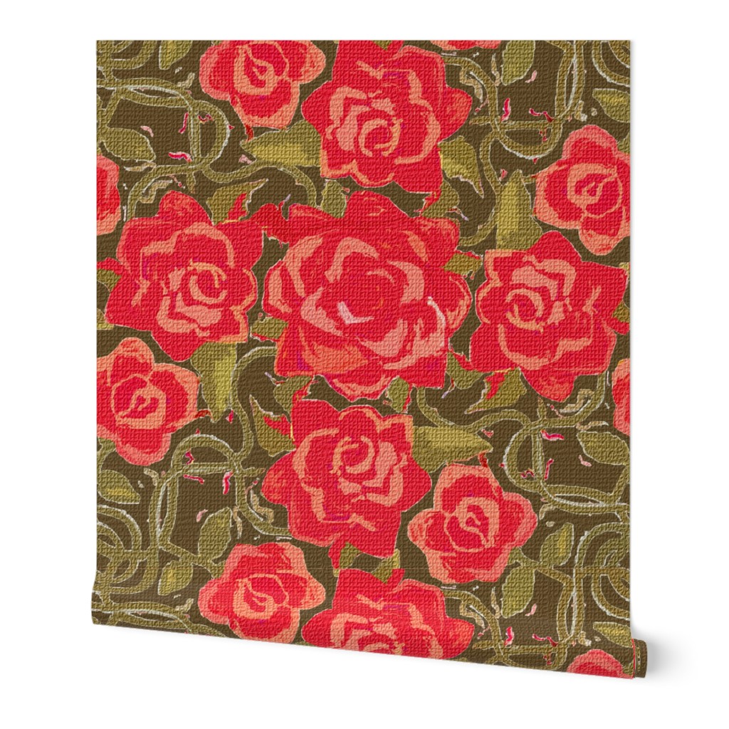 Twining Red Roses on Green Textured