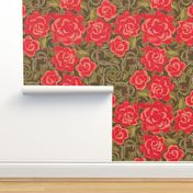 Twining Red Roses on Green Textured