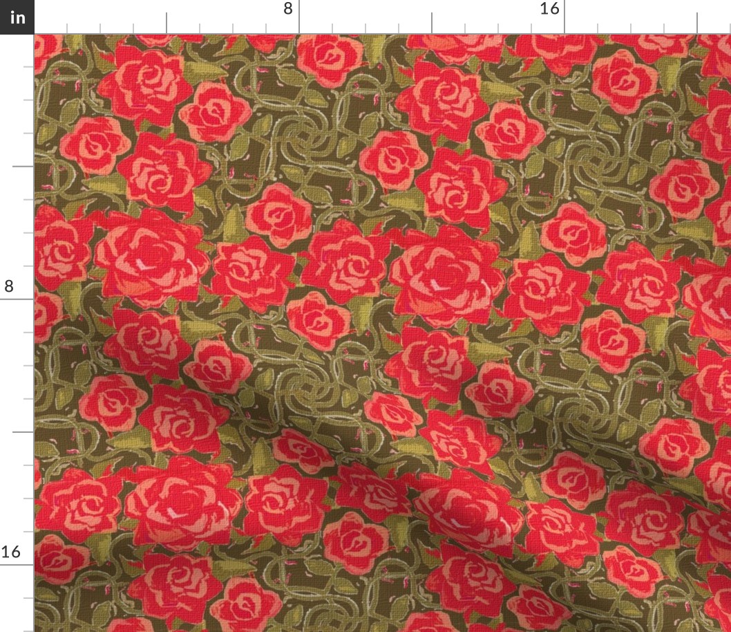 Twining Red Roses on Green Textured