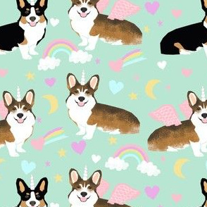 Sable and Tricolored corgi unicorns cute dogs and rainbows fabric