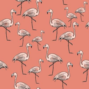 Peachy Pink Flamingos on Darker Peach Background - Smaller Size