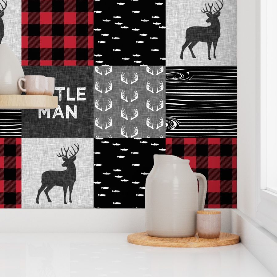 little man - red and black deer (buck) quilt woodland