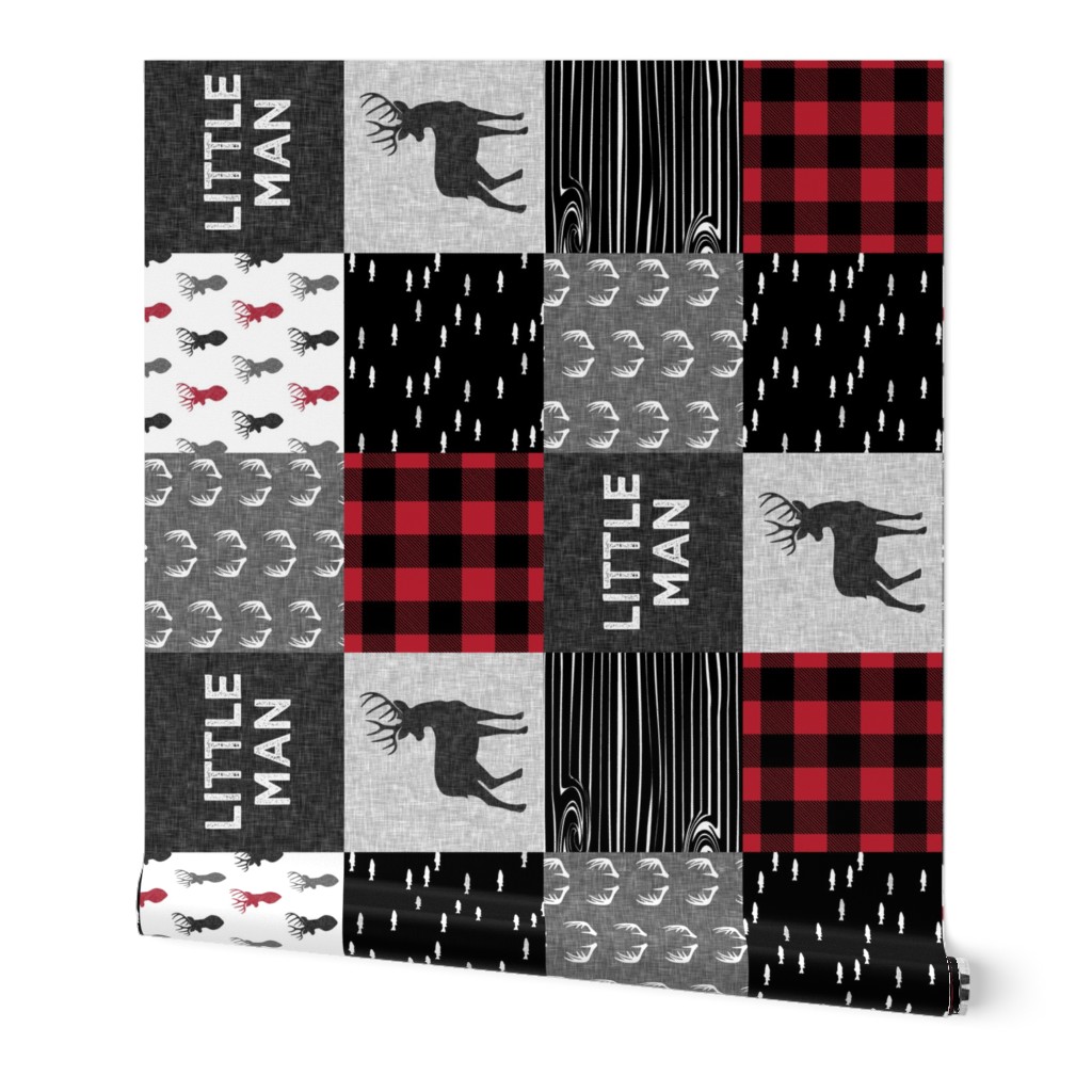 little man (90) - red and black deer  (buck) quilt woodland