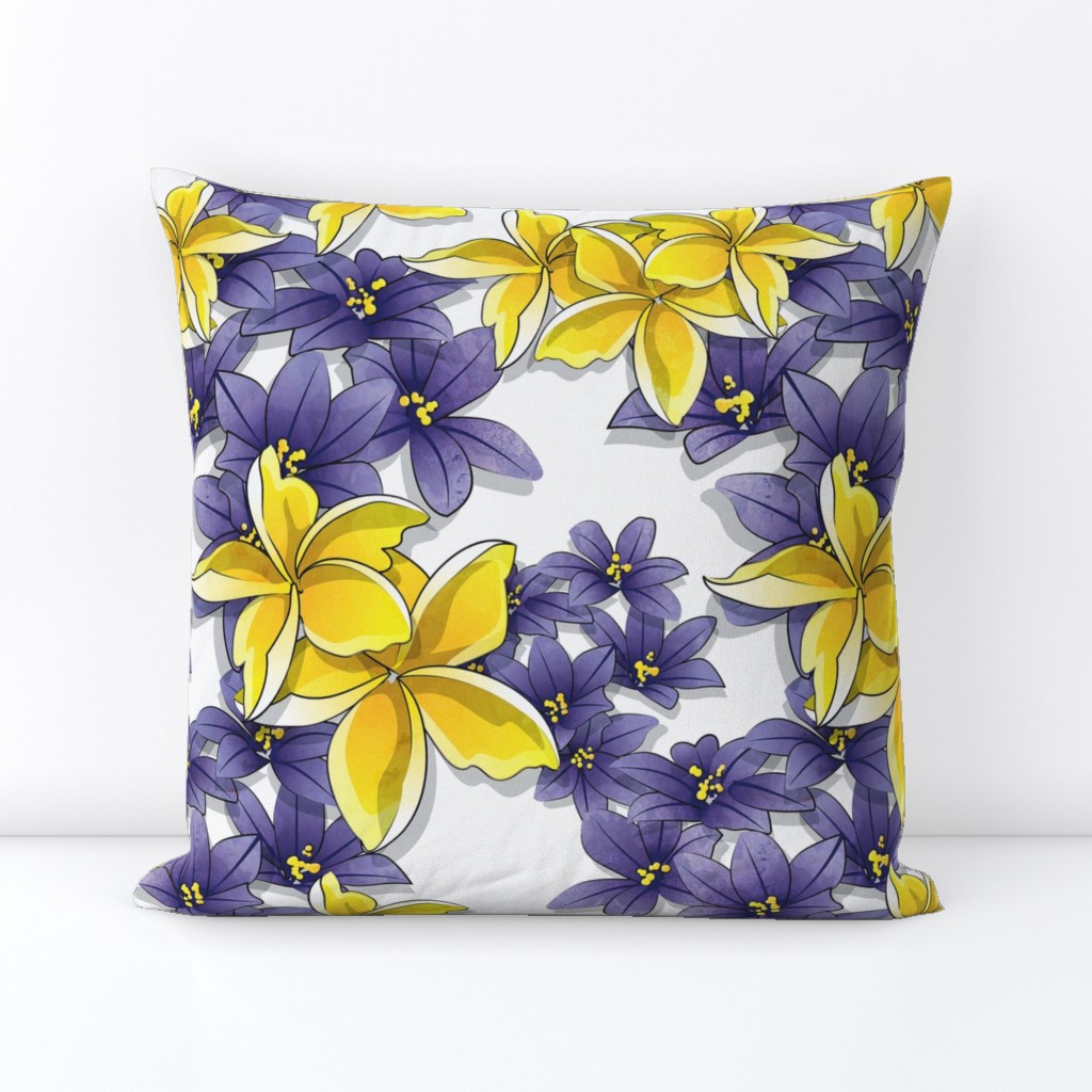 Complementary flowers 2 // white background yellow plumeria purple flowers