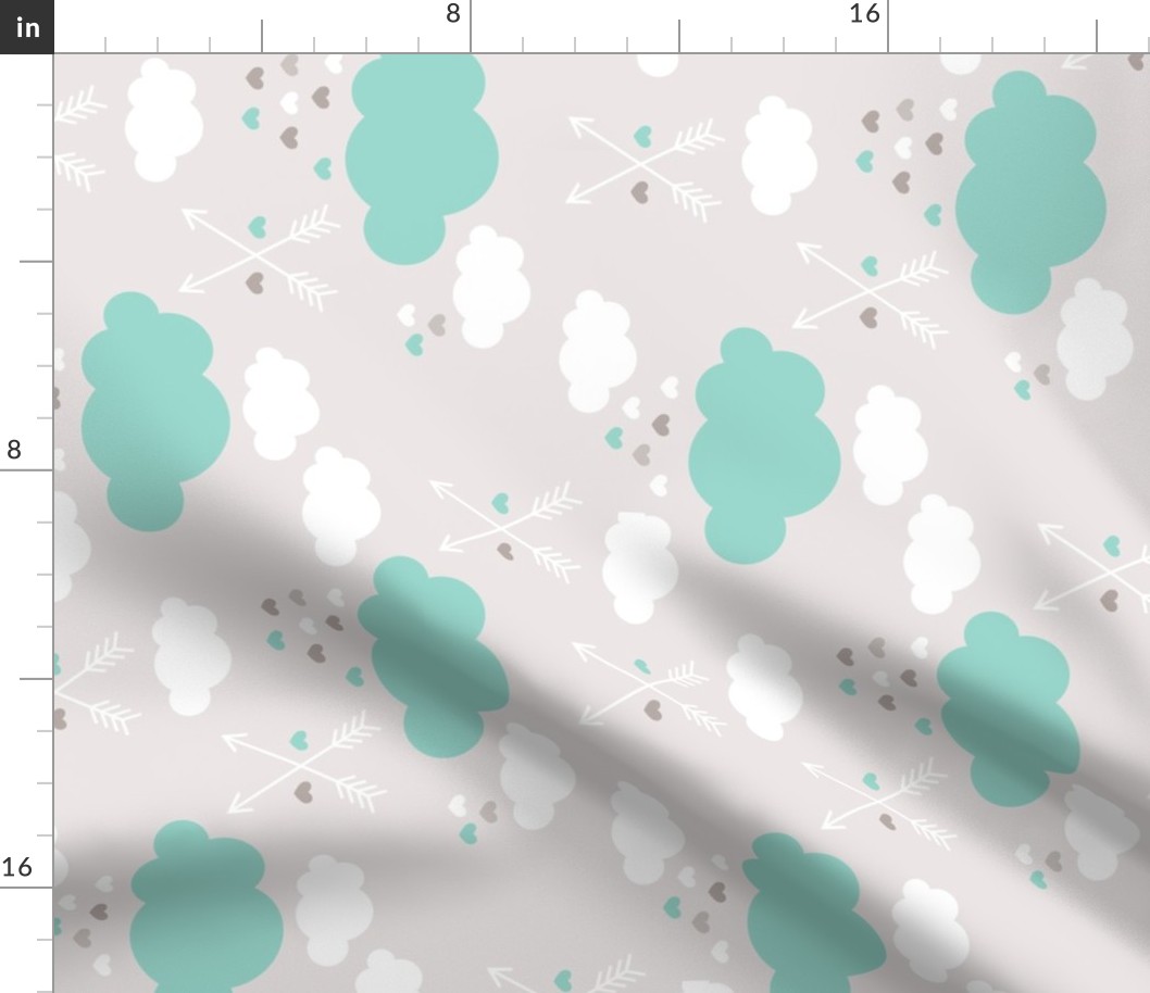 Sweet soft little indian baby dream sleepy night clouds love hearts and indian arrows scandinavian pastel illustration pattern in mint rotated flipped