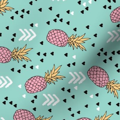 Tropical hawaiian aqua blue and pink pineapple summer fruit geometric arrow pattern print flipped rotated