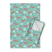 Tropical hawaiian aqua blue and pink pineapple summer fruit geometric arrow pattern print flipped rotated