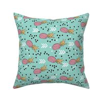 Tropical hawaiian aqua blue and pink pineapple summer fruit geometric arrow pattern print flipped rotated