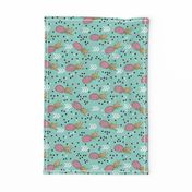 Tropical hawaiian aqua blue and pink pineapple summer fruit geometric arrow pattern print flipped rotated