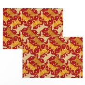Trotting Golden Retrievers and paw prints - red
