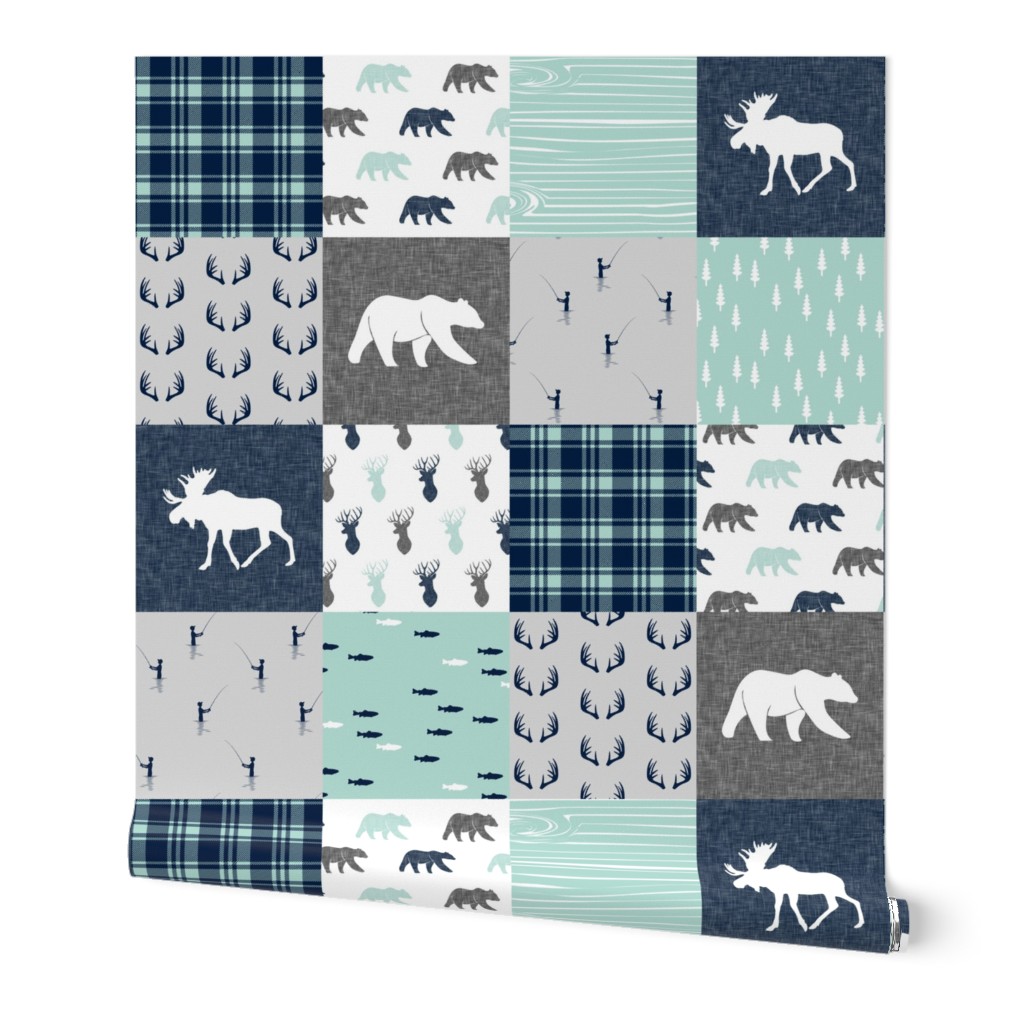 woodland moose bear fishing patchwork fabric w/ grey 