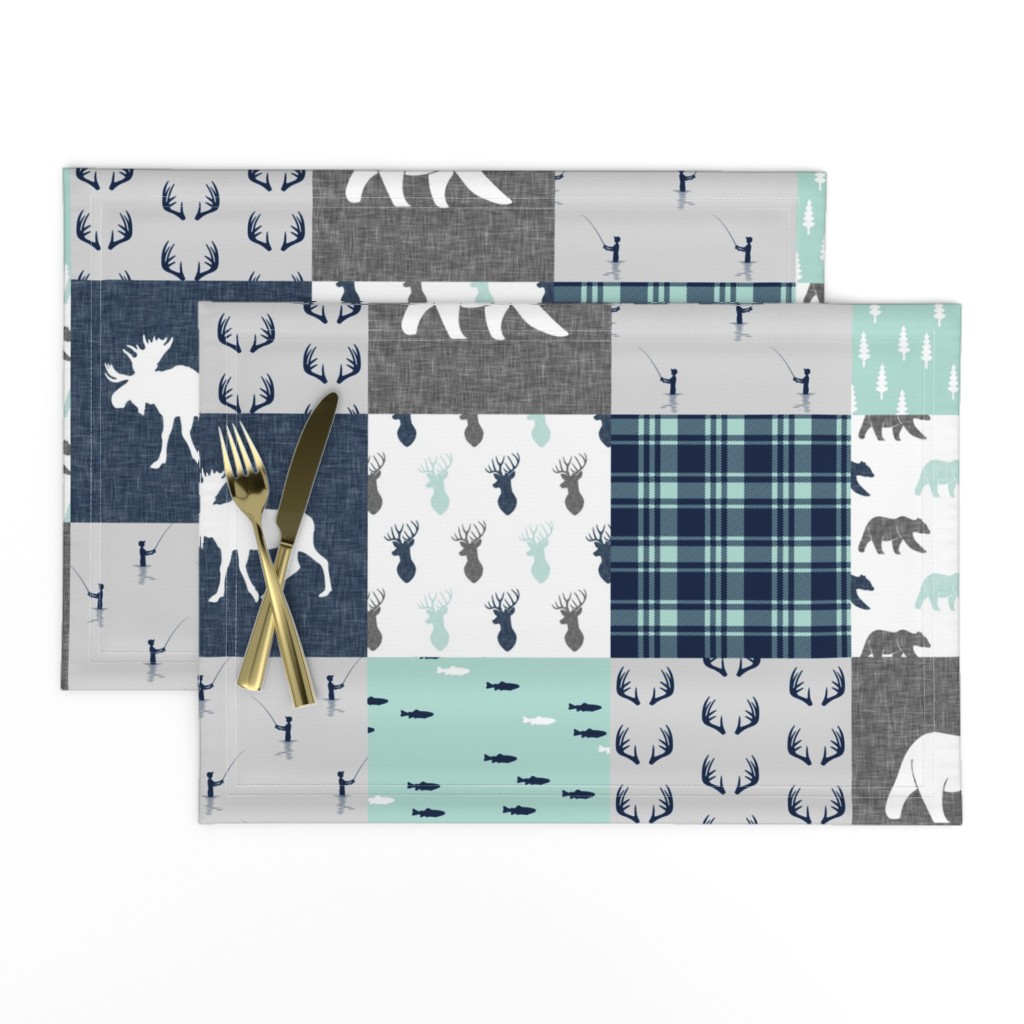 woodland moose bear fishing patchwork fabric w/ grey 