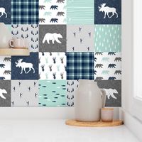 woodland moose bear fishing patchwork fabric w/ grey 