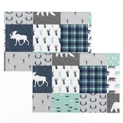 woodland moose bear fishing patchwork fabric w/ grey 